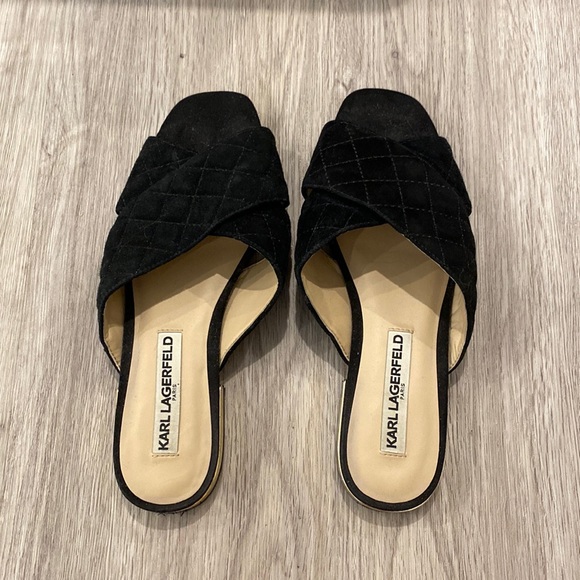 Karl Lagerfeld | Paris Rae Black Leather Quilted Criss Cross Sandals | Size 7 - Picture 2 of 5